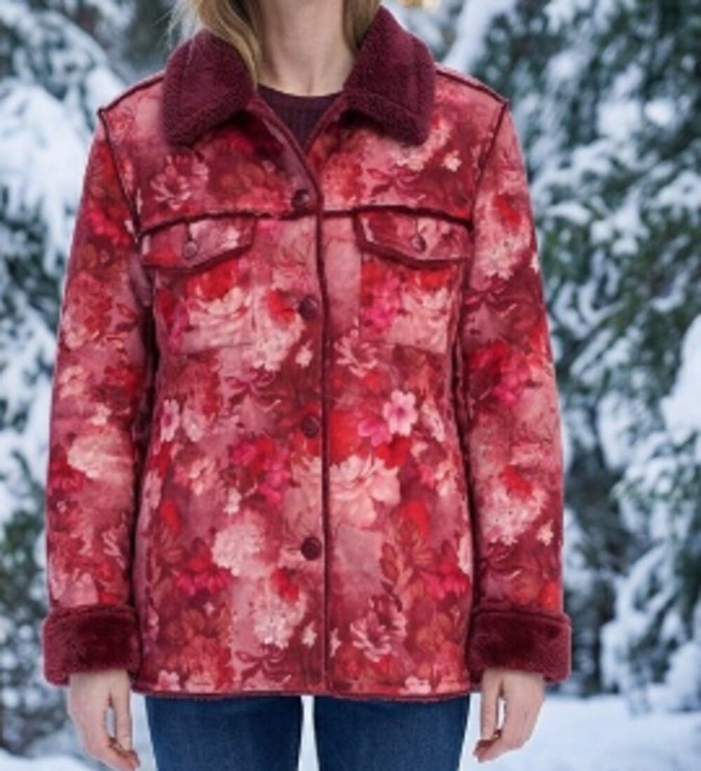 Denim & Co Floral Faux Suede Sherpa Lined Jacket sz S